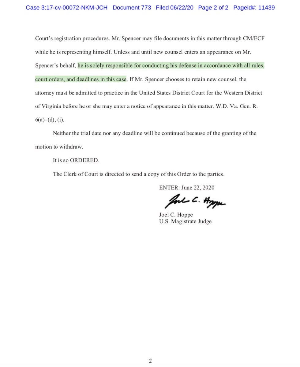 amyspitalnick's tweet photo. @jdforward @IntegrityforUSA The court just granted Richard Spencer’s attorney’s motion to withdraw as his counsel in @IntegrityforUSA’s Charlottesville case — reminding Spencer that he’s now "solely responsible for conducting his defense in accordance with all rules, court orders, &amp; deadlines in this case." https://t.co/ioezZ9r2Yw