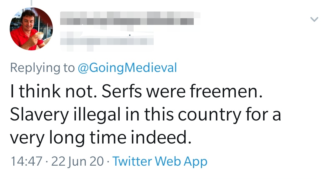 Racist history also does this - just making stuff up and trying to explain it to an actual medieval historian. "Serfs were free! Hot is cold! I'm not a racist!"