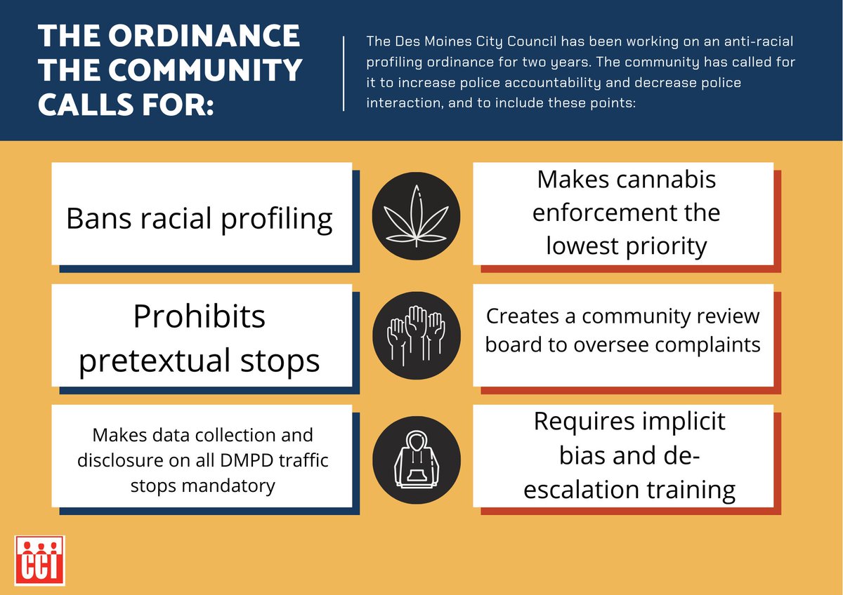 Alright, the  @DesMoinesGov City Council meeting is underway. There have been no significant changes to the "racial profiling ordinance" the Council, city staff, and the  @DMPolice have proposed. It still doesn't contain any of the elements demanded by the Community Alliance.