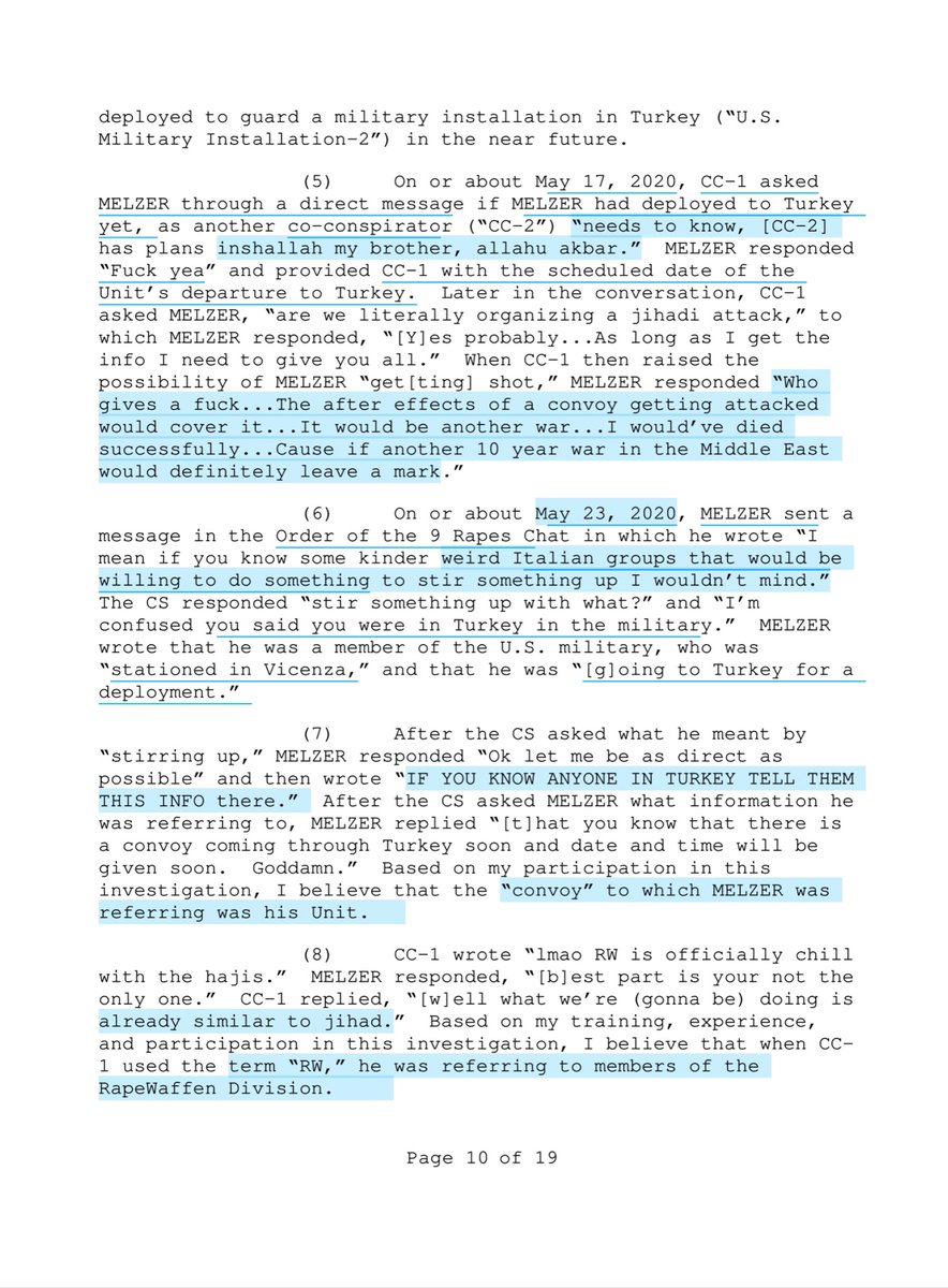 GOOD GOD - first off THANK YOU  @FBI they had a confidential source infiltrate the encrypted chats & comm channels;“DEFENDANT AND OTHERS PLAN THE ATTACK USING THE RAPEWAFFEN DIVISION CHANNEL”Deployment to Turkey by way of Italy - bejesusThis is bonkers  https://www.justice.gov/usao-sdny/press-release/file/1287701/download