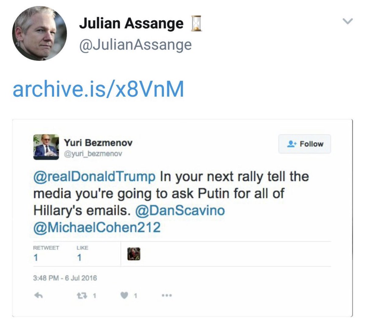   @yuri_bezmenov’s tweet instructing  @realDonaldTrump to ask Putin for Hillary’s emails was so IMPORTANT that  @julianAssange ARCHIVED IT @EvanMcMullin  @ProjectLincoln