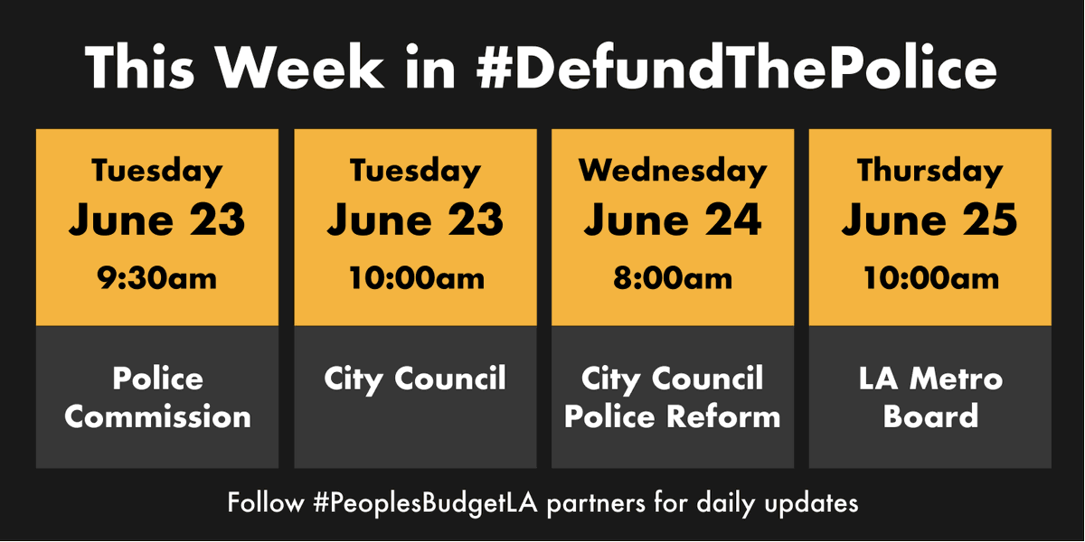 Amazed at the amount of civic engagement we saw today with the Budget and Finance Committee public comment period. We have a busy week though!Tomorrow:Police Commission 9:30 AMCity Council 10 AMWednesday:Ad Hoc Police Reform Committee 8 AMThursday:LA Metro Board 10 AM