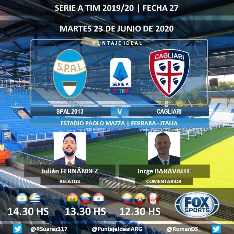 PuntajeIdealARG's tweet photo. ⚽ #SerieA 🇮🇹 | #Spal2013 vs. #Cagliari
🎙 Relatos: @yojulifernandez
🎙 Comentarios: @jorgebaravalle
📺 #FOXSports Sudamérica (Excepto 🇨🇱)
💻📱 #FOX Play
🤳 #SerieAxFOX- #SpalCagliari
Dale RT 🔃 https://t.co/LG1bngJmsX
