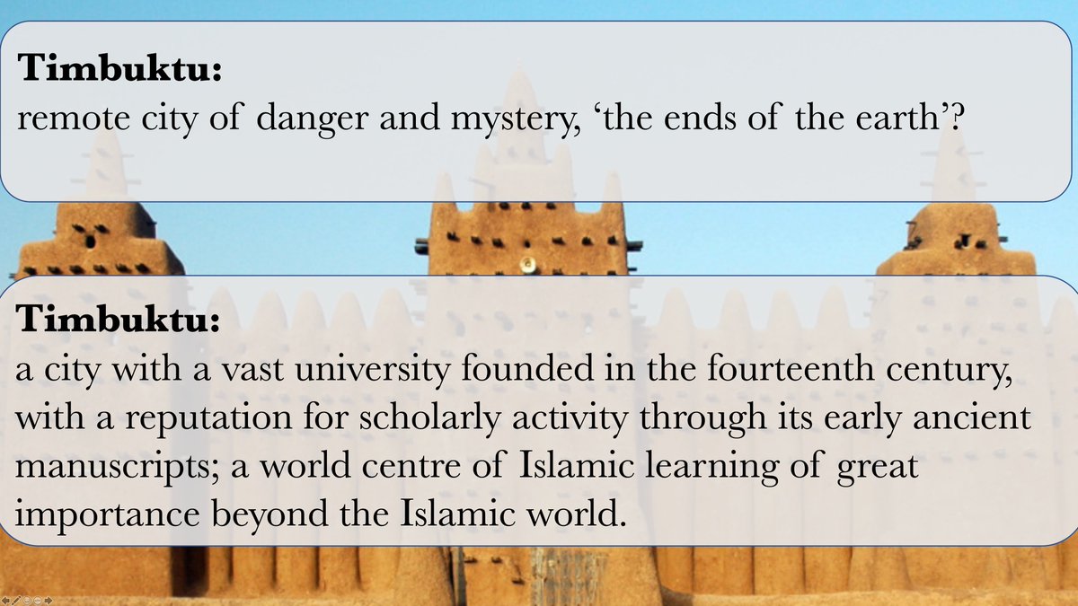 Why Timbuktu as the focus? I explained why this is a big deal. (remember:  @researchEdhome is a mostly non-history audience.) What was it  @Justice2History  @Abdul_Mohamud  @whitburn_robin had to get their pupils to see? Why does it matter? What perspectives did they have to shift?