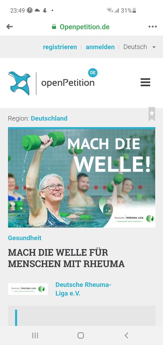 CE32922356's tweet photo. Unbedingt unterschreiben und eine Welle machen!!! Rheumakranke brauchen das Funktionstraining, wie Fische das Wasser!! https://t.co/0eDWrWfsWV