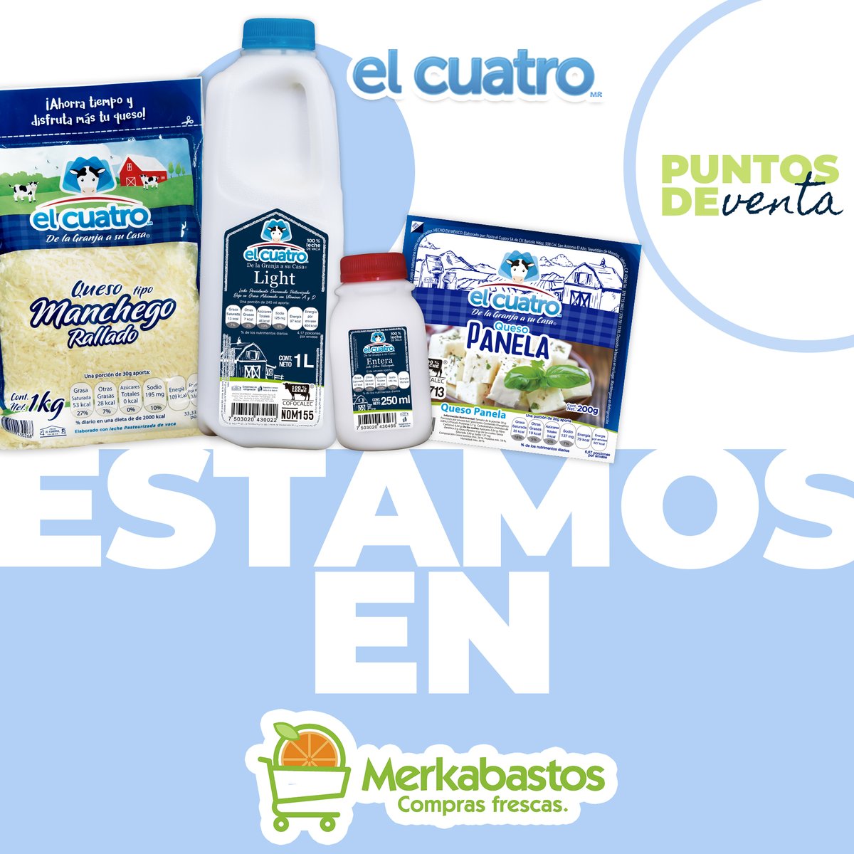 postaelcuatro's tweet photo. Nuestra variedad de productos El Cuatro está disponible para ti en, Merkabastos ¿ya los probaste?. ¡Te encantarán!
#lacteos #elcuatro #delagranjaasucasa #queso https://t.co/WWa5Q9IgYp