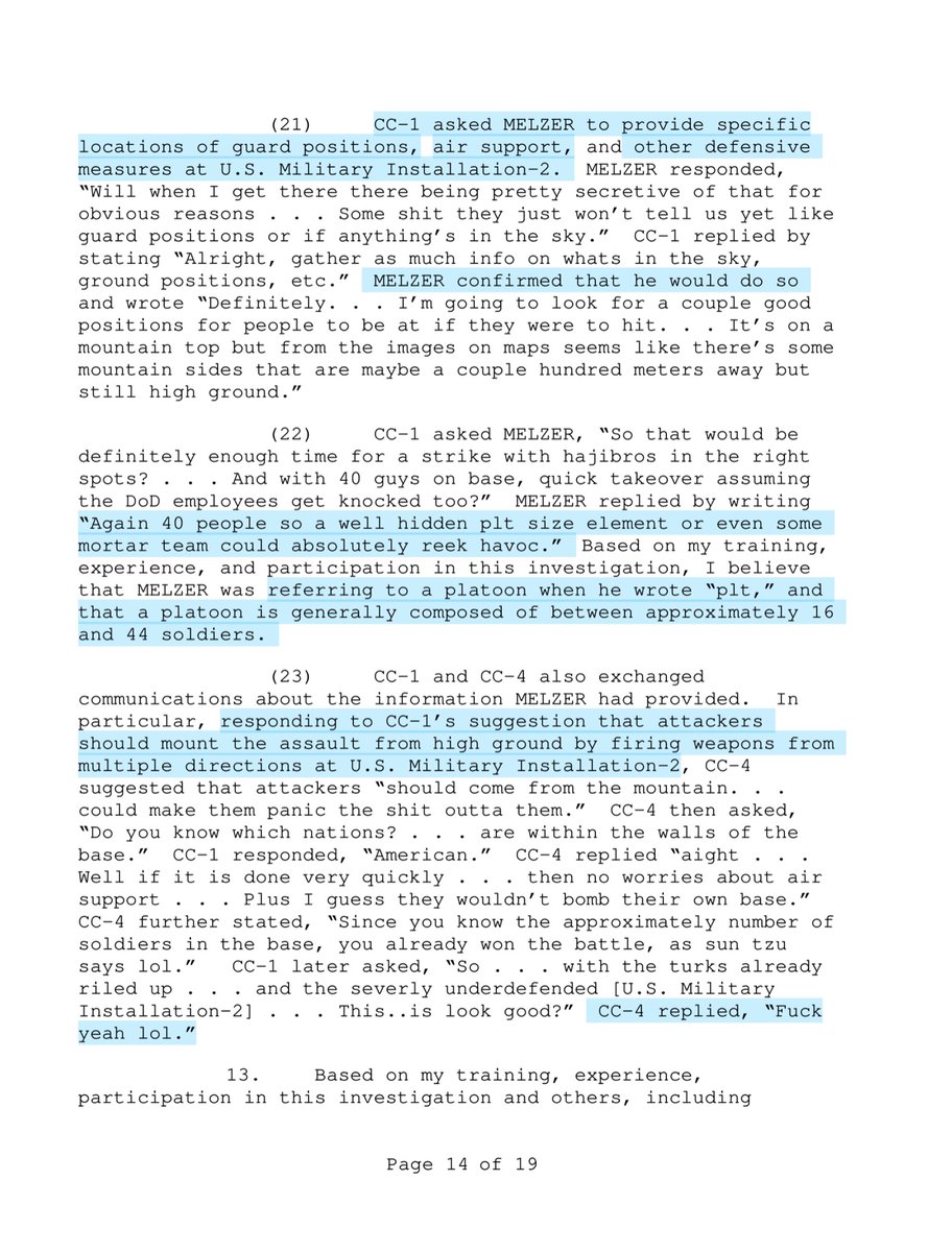 Melzer sent“messages with specific information..unit’s anticipated deployment..number of soldiers who would be traveling.. location of the facility.. expected the unit would be deployed.. information...facility’s surveillance and defensive capabilities” https://www.justice.gov/usao-sdny/press-release/file/1287701/download