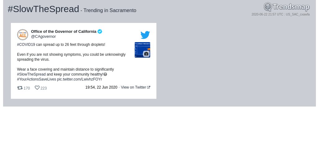 TrendsSacto's tweet photo. #slowthespread is now trending in #Sacramento

https://t.co/GydCQeCE64 https://t.co/HPRPmp0sNw