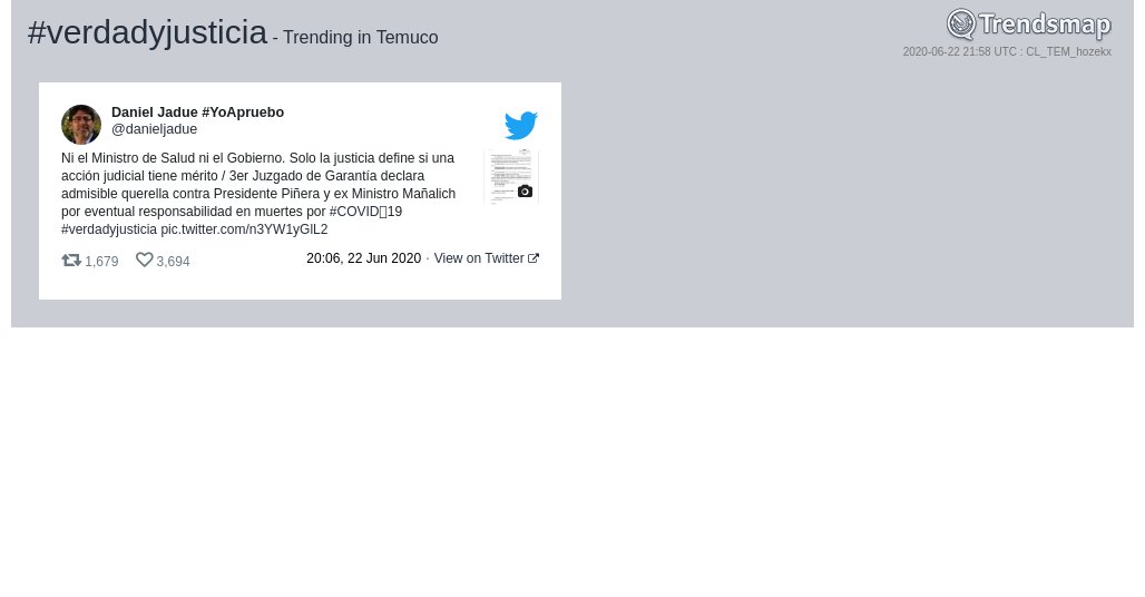 TrendsTemuco's tweet photo. #verdadyjusticia es ahora una tendencia en #Temuco

https://t.co/wwZUsTp7F1 https://t.co/DnjLEUQTWS