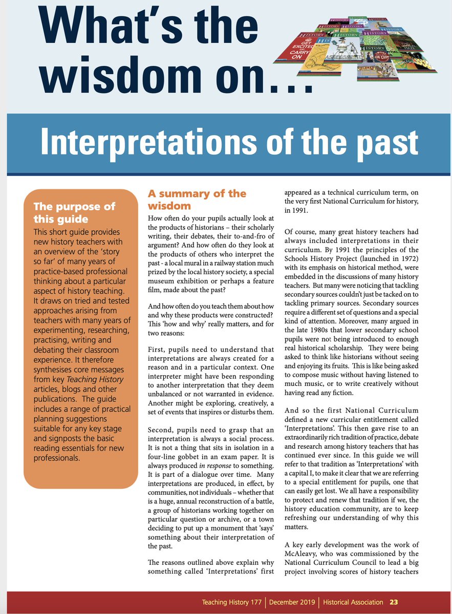 In choosing interpretations, what traditions were they tapping into that wld resonate with other hist teachers?  #SLT need awareness of such shared ref points that frame debates, drive renewal and define curricular entitlements.  @histassoc summarises here:  https://www.history.org.uk/publications/resource/9720/whats-the-wisdom-on-interpretations-of-the-past