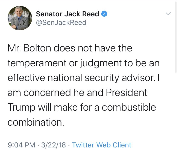 And ditto for  @SenJackReed. Apparently Bolton’s “judgement” is no longer a concern.