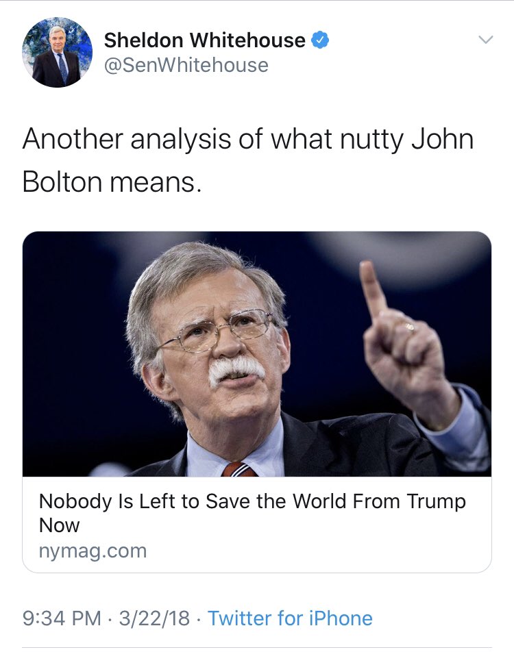 Getting through all of the Democrats who thought Bolton was a terrible liar with terrible judgement who have dropped that consideration would take ages.