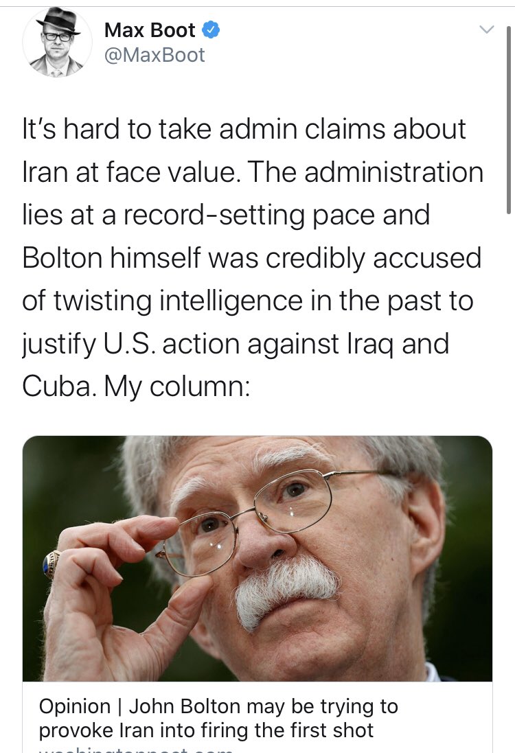 Brutal to see even fellow neocon and amateur war cheerleader  @MaxBoot make the thread. Interesting how Bolton being “credibly accused of twisting intelligence in the past” is no longer a concern when he’s trying to sell a book of his recollections with fantastic claims.