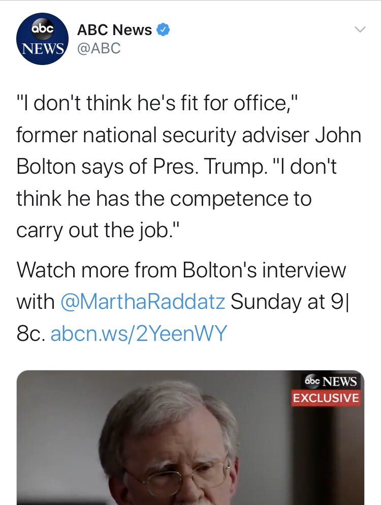 And of course, the media piled on. Here’s  @abcnews, whose conspiracies have shifted from negative about Bolton (remember this?) to based on his unconfirmed reports to drive a PR campaign.