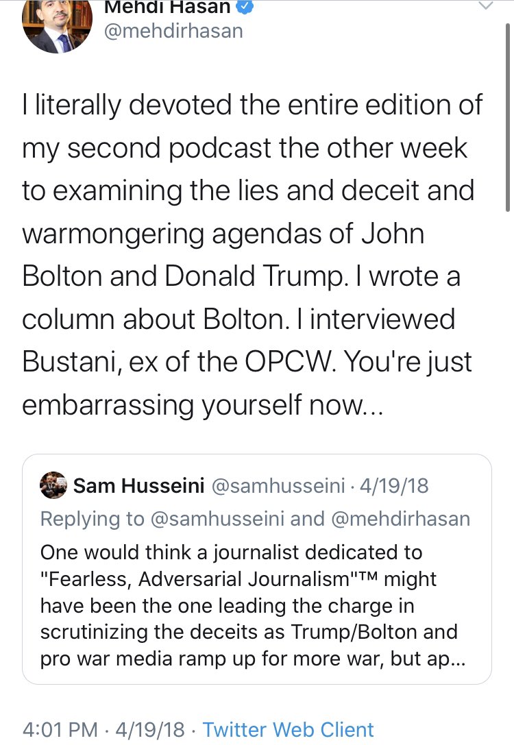 And surprising to lose interest in Bolton’s “lies and deceit” when reporting on an explosive one-on-one conversation, don’t you think,  @mehdirhasan?