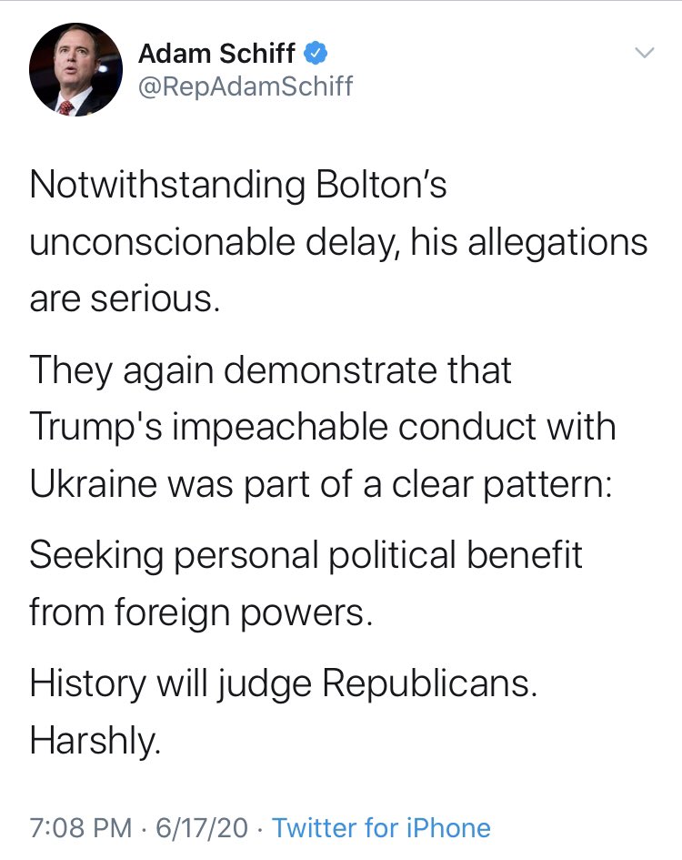 You may recall that “Bolton is evil” was a veritable war cry among the Dems when  @realDonaldTrump appointed Bolton. Here’s  @RepAdamSchiff, who appears to no longer be concerned with Bolton’s “conspiratorial thinking” now that it defends a Schiff-approved conspiracy.