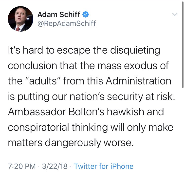 You may recall that “Bolton is evil” was a veritable war cry among the Dems when  @realDonaldTrump appointed Bolton. Here’s  @RepAdamSchiff, who appears to no longer be concerned with Bolton’s “conspiratorial thinking” now that it defends a Schiff-approved conspiracy.
