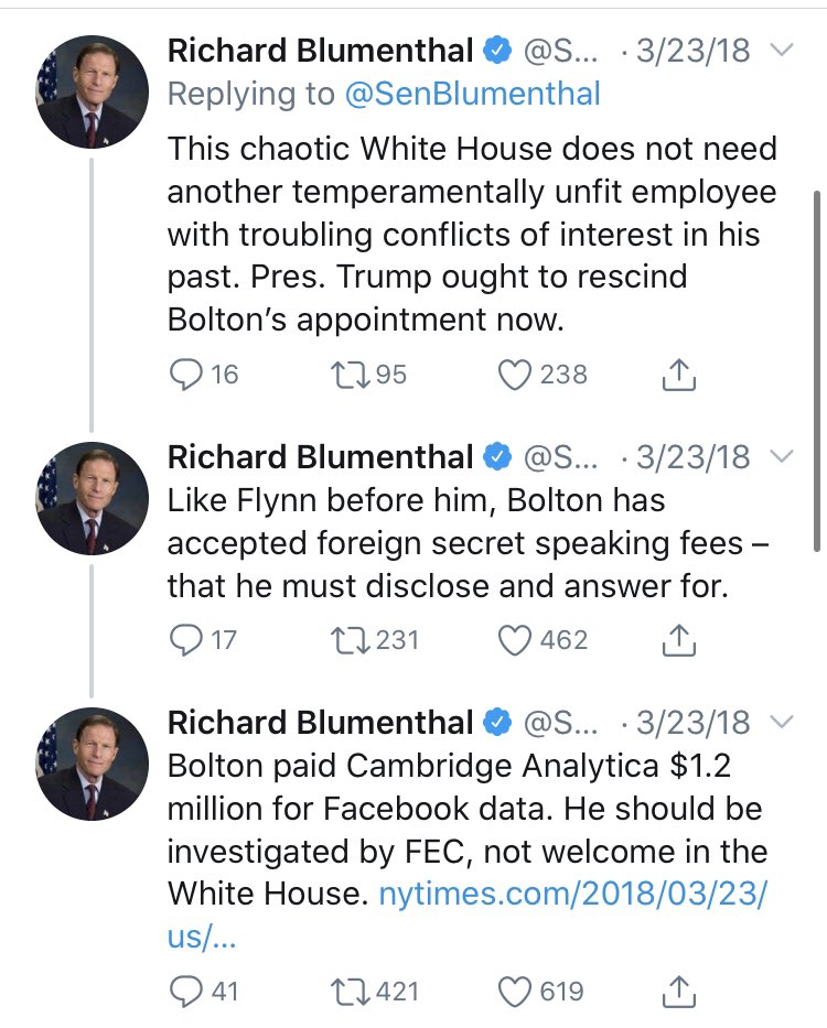 It’s similarly curious that  @SenBlumenthal is less concerned with Bolton’s conflicts of interest now. Would imagine a multimillion dollar book deal predicated on explosive claims could be an interest.