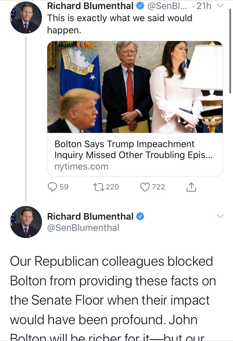 It’s similarly curious that  @SenBlumenthal is less concerned with Bolton’s conflicts of interest now. Would imagine a multimillion dollar book deal predicated on explosive claims could be an interest.