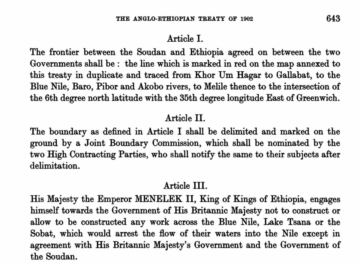 Treaty was negotiated between Emperor Menelik & British representative. Until today  #Ethiopia recognizes its shared border with  #Sudan (Art. 1) based on the 1902 Anglo-Ethiopian treaty. But now they intend to violate (Art. 3) by rapidly filling  #GERD & impeding water flows. 2/11