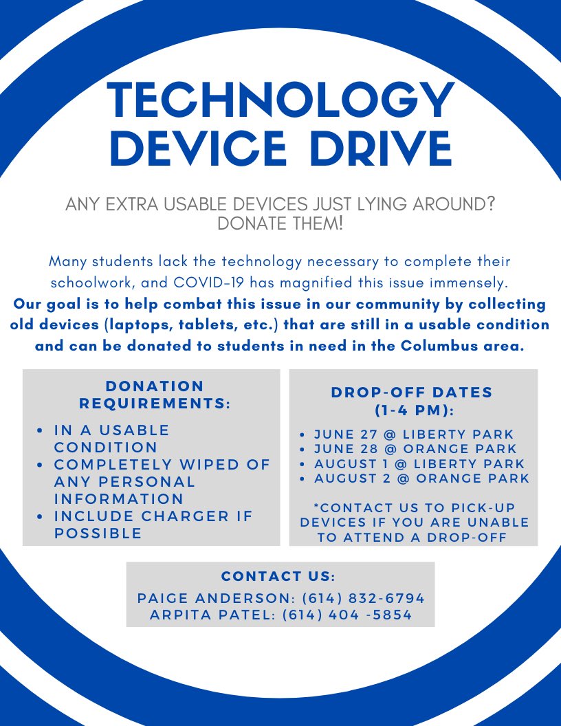 ppaigeanderson's tweet photo. I’m having a technology device drive to benefit students in Columbus that don’t have access to devices to complete their work, especially due to COVID-19. Devices will be donated to school counselors who can distribute them appropriately. Details are on the flyer below. Thanks! https://t.co/hJr3LIXoxK