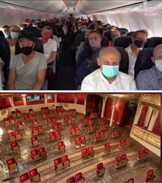 I can’t get my head around why planes are allowed to look like the above photo and theatres will have to look like the below photo 😔