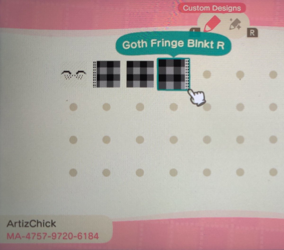 ACNH_ArtizChick's tweet photo. Created & Posted my first design 🖤 A goth inspired fringe blanket. I love it!! #ACNH #AnimalCrossingNewHorizons #ACNHDesigns #ACNHDesign #ACNHCreatorCode #gothic https://t.co/T9AixrFxyU