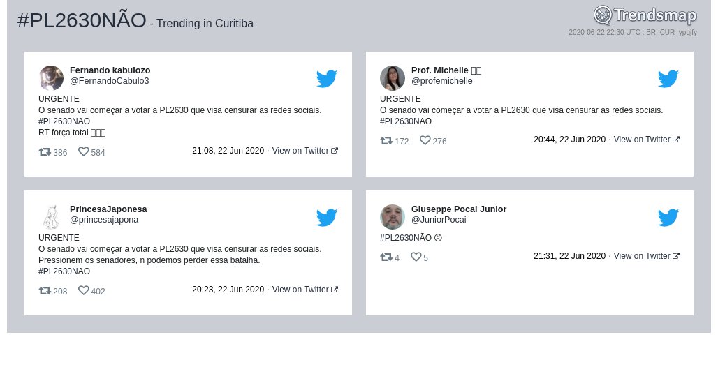 TrendsCuritiba's tweet photo. #pl2630não é tendência em #Curitiba

https://t.co/0VGjreE4iE https://t.co/RfPrku7jpT
