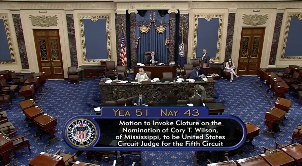 Screenshot of C-SPAN screen shows the vote total on this vote to advance Cory Wilson: 51-43.