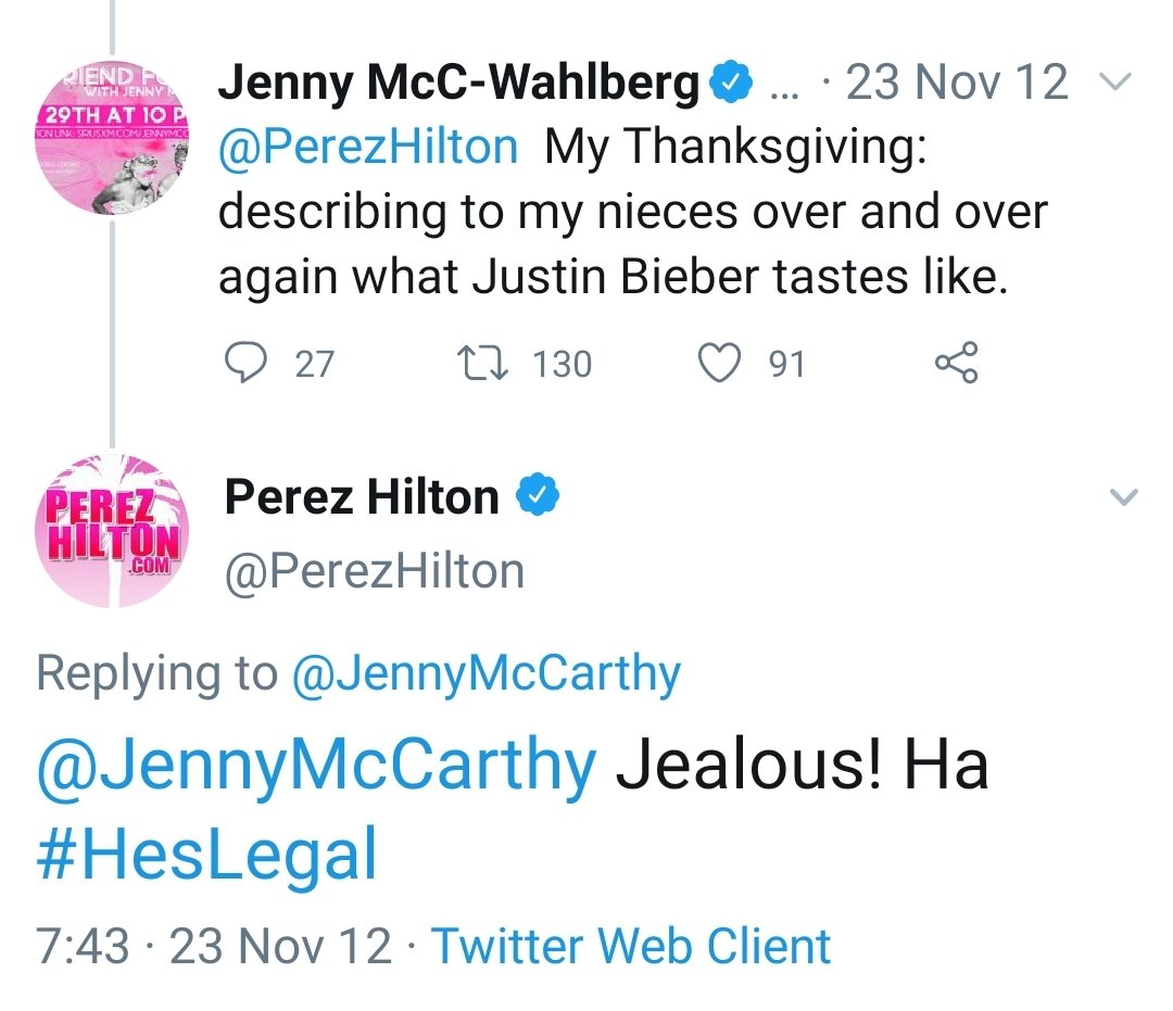 I wish it stops there but it doesn't. She also tweeted about it and was joined in thirsting over him by Perez Hilton who was 34 at the time. They were laughing about it because it's "legal" since he did turn 18 but he was still a kid and he gave no consent.