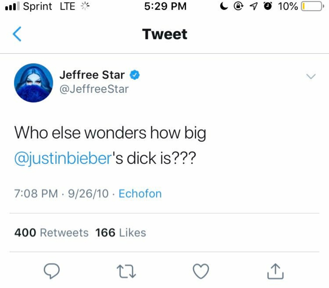 In now deleted tweet, make up influencer Jeffree Star was talking about a penis size of then 16 year old Justin when Jeffree was 25.