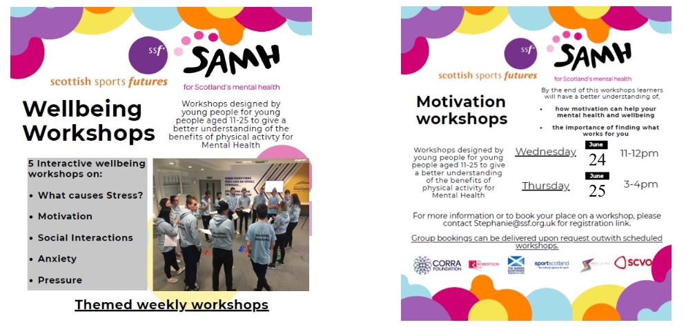 ShawlandsAcad's tweet photo. Scottish Sports Futures Wellbeing Ambassadors have been working on the digitalisation of their Wellbeing Workshops for young people aged 11-25
They would welcome sign ups to their online workshops starting later this week
More details at our website
https://t.co/39IN7jtJVN https://t.co/XQ8ces1GA6