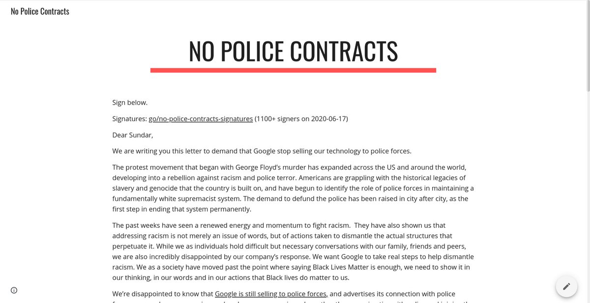 BLMLA's tweet image. BREAKING: 1,600+ Google workers signed this letter calling on @google management to cancel the company&apos;s police contracts. Thank you to those google workers who have signed on already. We encourage more Google workers to sign on in support of #BlackLivesMatter.