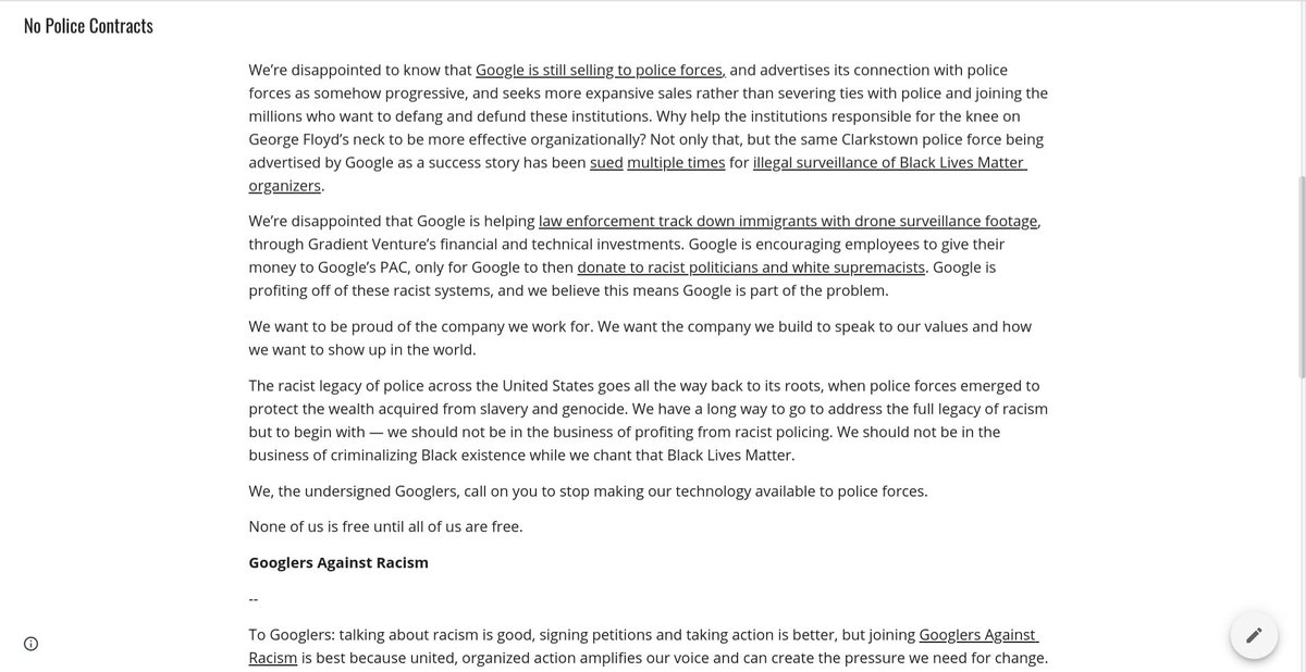 BLMLA's tweet image. BREAKING: 1,600+ Google workers signed this letter calling on @google management to cancel the company&apos;s police contracts. Thank you to those google workers who have signed on already. We encourage more Google workers to sign on in support of #BlackLivesMatter.