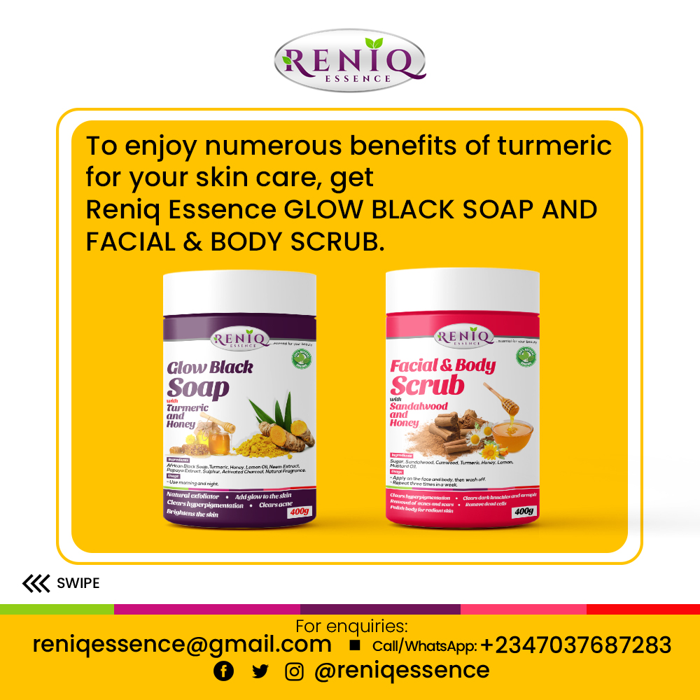 ReniqEssence's tweet photo. #TurmericTuesday
Turmeric your skin
- It helps to exfoliate dead cells.
- It helps in acne treatment.
- It heals cracked feet.
#ReniqEssence #organicskincare #turmeric #skincare #glow #blacksoap #scrub #bodyscrub #acne https://t.co/vzHMxzZSzJ