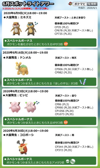 ポケモンgo攻略情報 ポケマピ A Twitter 本日 スポットライトアワー と ふしぎなボーナスアワー が同時開催 日時 6 23 火 18時 19時 ピッピ出現率アップ 運が良ければ色違いのピッピに出会える ポケモンを捕まえたときのxpが2倍 しあわせ