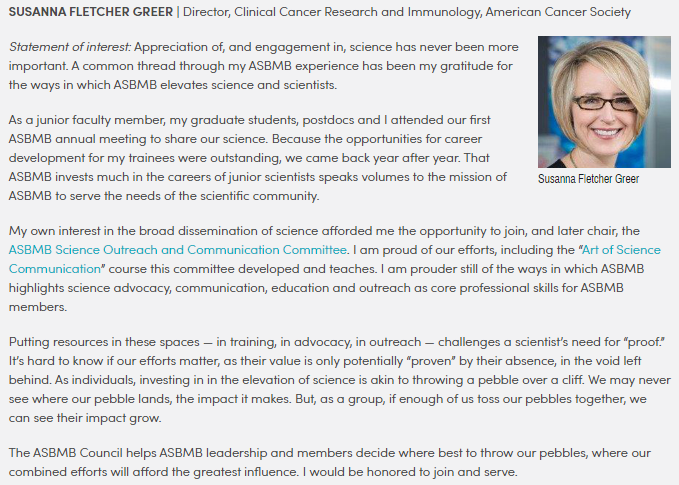 SUSANNA FLETCHER GREER ( @susannagreer) | Director, Clinical Cancer Research and Immunology, American Cancer Society ( @AmericanCancer)Statement of interest:  https://asbmb.org/membership/election/susanna-greer…  #ASBMBElections (5/7)