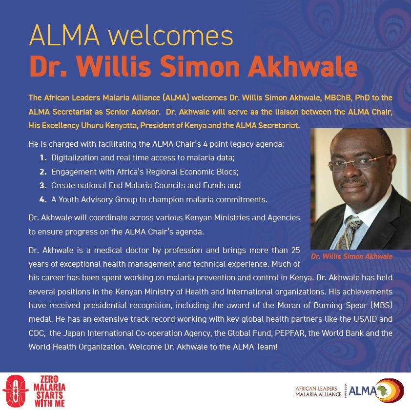 Join us in welcoming Dr Willis Simon Akhwale, ALMA's new Senior Advisor. #Leadership #Africa #Malaria