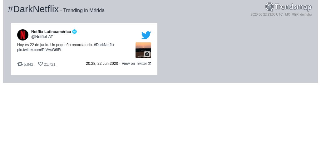 TrendsMerida's tweet photo. #darknetflix es ahora una tendencia en #Mérida

https://t.co/vTLcuWzaNT https://t.co/wCdf2p4PXi