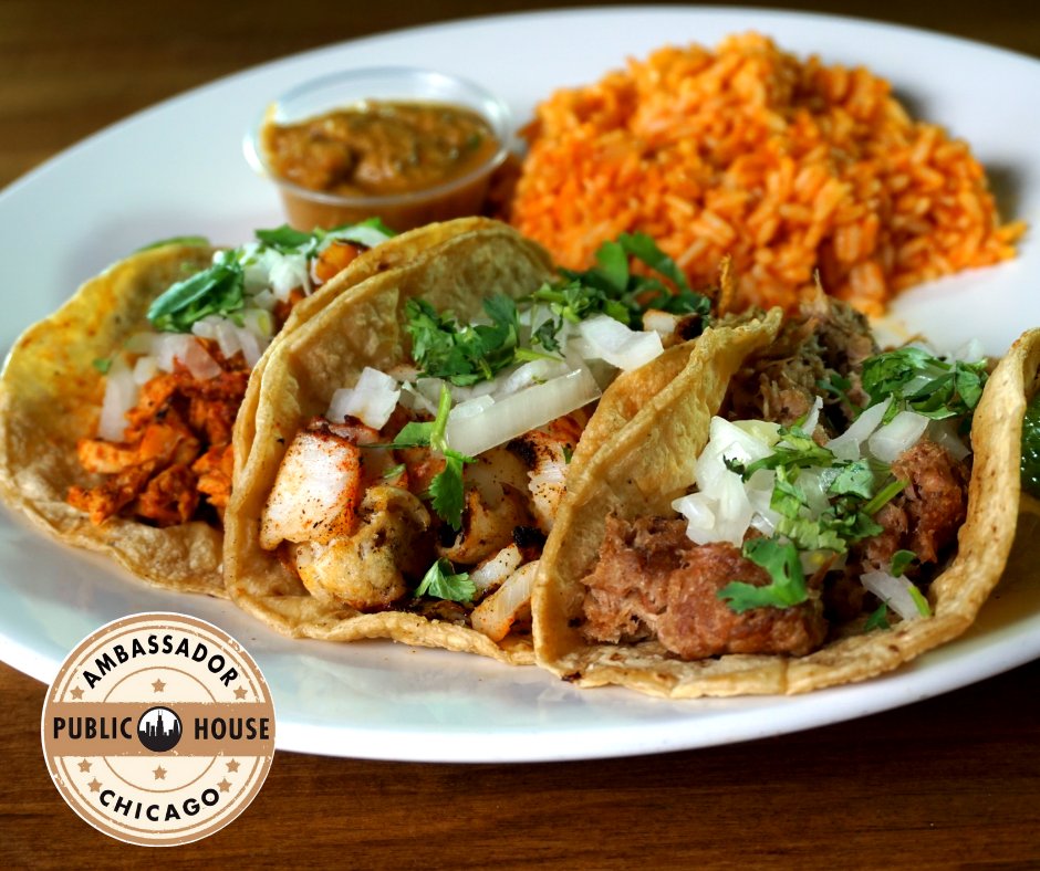AmbassadorPub's tweet photo. We serve very tasty tacos ~ your choice of chicken, ground beef, steak, or fish, served with cilantro, onion, and saffron rice.  Be sure to stop in for a #Guinness and a platter of #tacos 

#westloop #greektown #summertime #chicago https://t.co/Q9YnbRWR3R