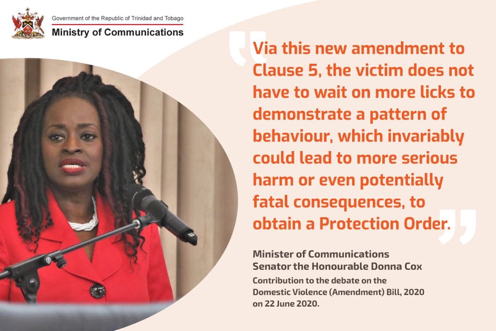 ttgovcomms's tweet photo. Minister of Communications, Senator the Hon Donna Cox contribution to the debate on Domestic Violence (Amendment) Bill, 2020 on 22 June 2020.
#DomesticViolence #BillAmendment #PleaseShare
@newsgovtt @tttliveonline https://t.co/Gn2AJLmSr0