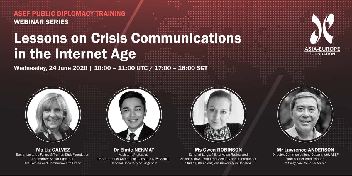 aseforg's tweet photo. REMINDER: There are only a few slots left for tomorrow's ASEF #PublicDiplomacy Training - Webinar. Make sure to sign up for Episode II of the #webinar on "Lessons on Crisis Communications in the Internet Age". We are excited to meet you online!
https://t.co/yzsmwr0GPO
#ASEFPDT https://t.co/xekbPWf0a9