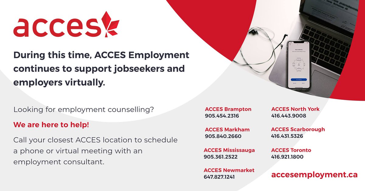 ACCESEmployment's tweet photo. ACCES Employment is here to help!

If you are looking for job search support, we are here to help! Contact one of our 7 offices across the GTA or visit us online at https://t.co/i0OpwPOdiM to learn about how we can help you! https://t.co/GeIDyJon7Z