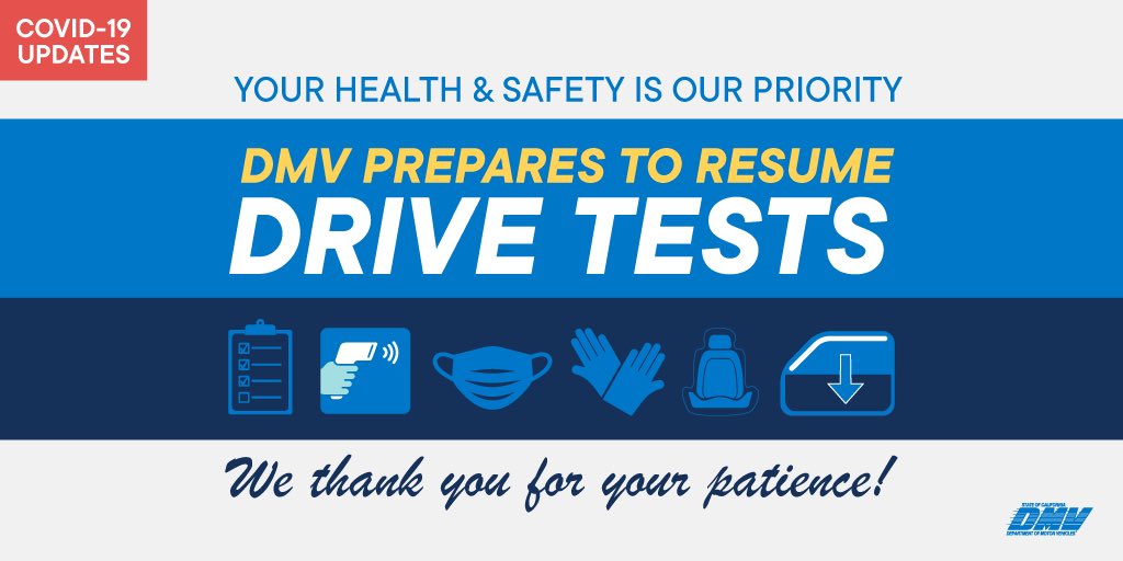 CA_DMV's tweet image. Behind-the-Wheel drive tests previously canceled due to #COVID19 will resume THIS Friday. 

New appointments will be made available at a later time. 

Read more details here: tinyurl.com/BehindTheWheel…. 

#CADMV #Coronavirus