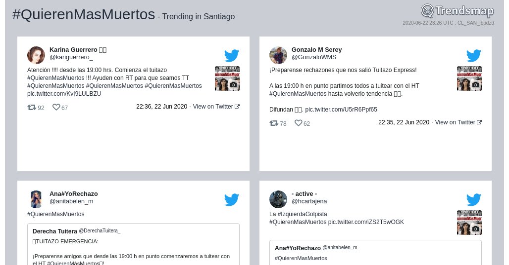 #quierenmasmuertos es ahora una tendencia en #Santiago

trendsmap.com/r/CL_SAN_jbpdzd
