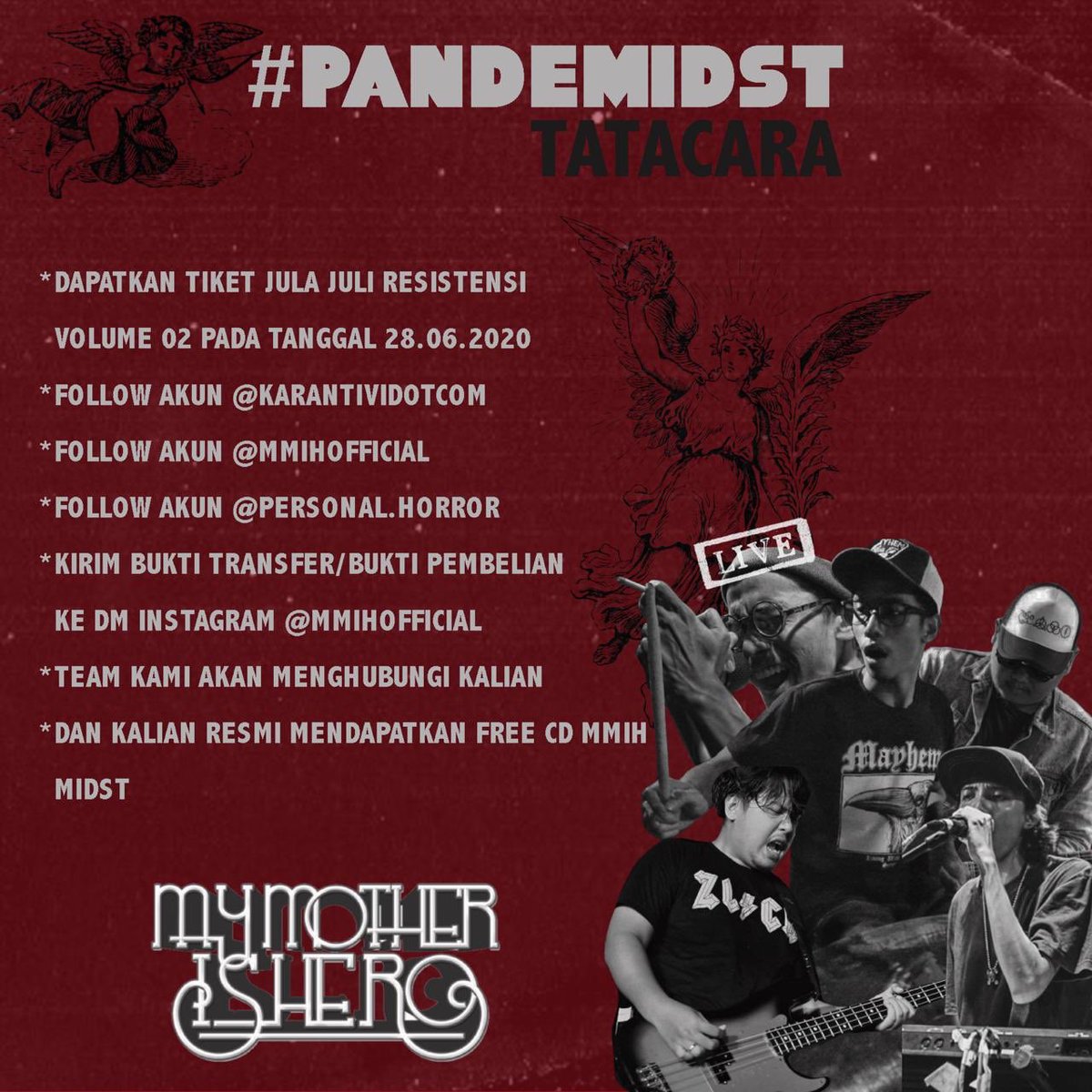 Live perform streaming minggu 28/06/20 , pesen tiket e cek ig <a href="/karantivi/">Karantivi</a> , mek 15 ewu gawe ndelok band lucu iki, trus kirim bukti pembelian tiket gawe mmih, free CD 2nd ALBUM "midst" yuk 🖤