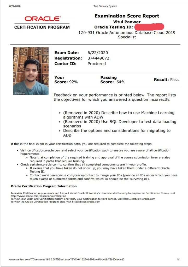 PanwarVitul's tweet photo. Added a feather in my cap. Passed Oracle Autonomous Database Cloud 2019 Specialist Exam!! #oracle #oracleIndia #training #careers #Recuriter #database #HR #HumanResources #cloud #learning @Oracle @Oracle_Edu @Oracle_India @OracleCloud @OracleDatabase @MIET_GROUP @rohitrahi https://t.co/8bpE4MGdAW