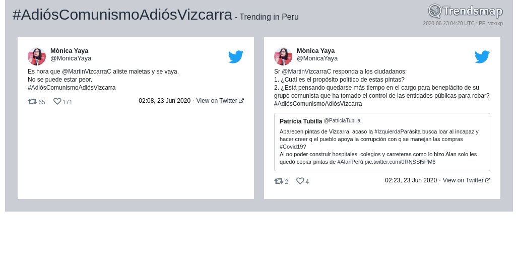 #adióscomunismoadiósvizcarra es ahora una tendencia en Peru

trendsmap.com/r/PE_vcxrxp