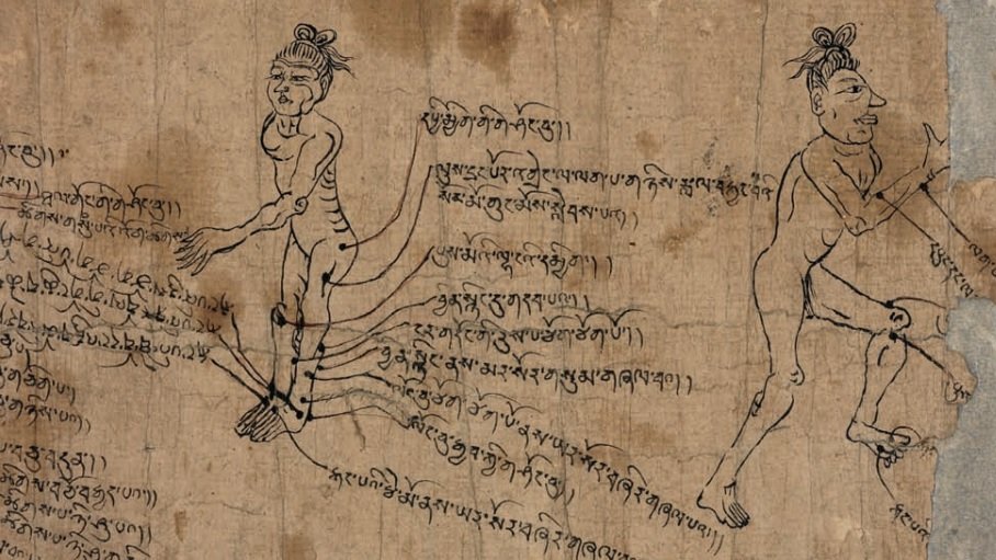 1. Akasagarbha Bodhisattva, Lord of Sky, with Tibetan inscriptions, likely mirroring a Tibetan ruler2. Tibetan moxacautery medical chart 3. Buddhist guardian deities, inscribed with Khotanese, Eastern Iranian language written in Brahmi letters. These will save kids from plague