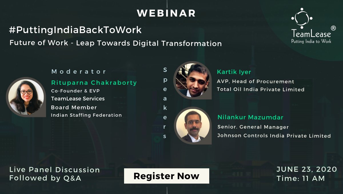TeamLease's tweet photo. Today's #LivePanelDiscussion at 11 AM on the topic 'Future of Work - Leap Towards Digital Transformation' will cover in detail how you can deploy business models that will be responsive to the new post-COVID-19 normal.
Register quickly: https://t.co/haDw8asJ3d https://t.co/K0i4osK6Mm